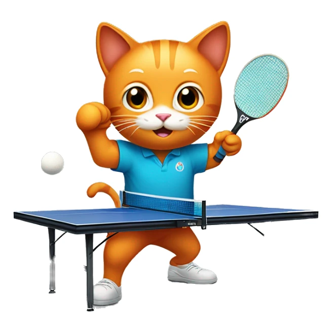 orange cat full body  playing table tennis with a racket and a ball at the table sticker