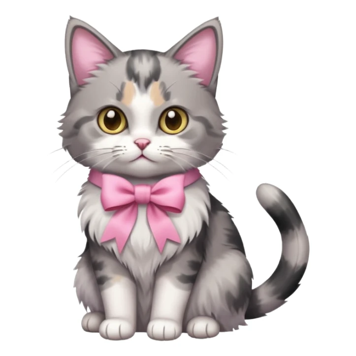 Sitting Dilute grey calico cat with pink ribbon sticker