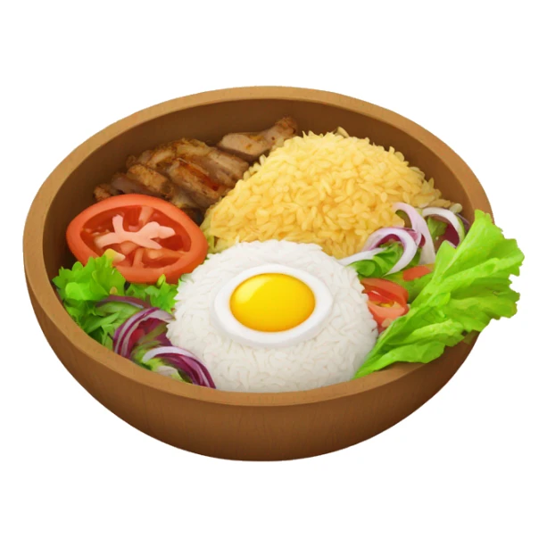 a wood bowl with rice in the middle, kebab, and salad sticker