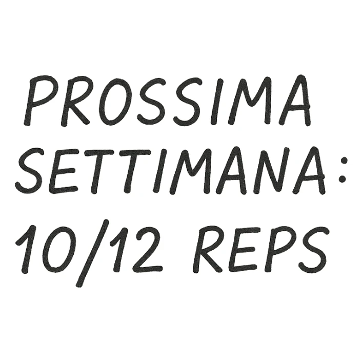 top view paper sheet with handwritten pen text 'PROSSIMA SETTIMANA: 10/12 REPS', no background, realistic handwritten effect sticker