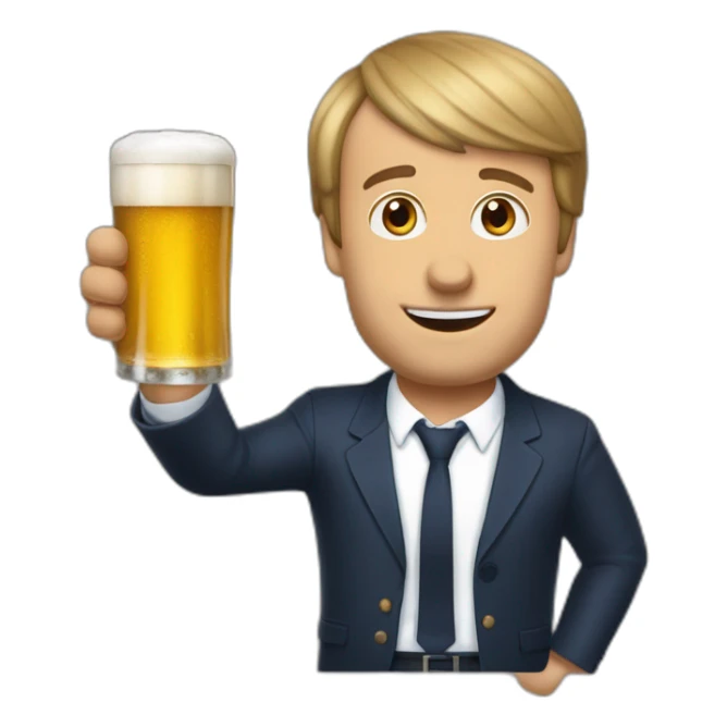 un chien qui boit une bière accompagné de Emmanuel Macron sticker