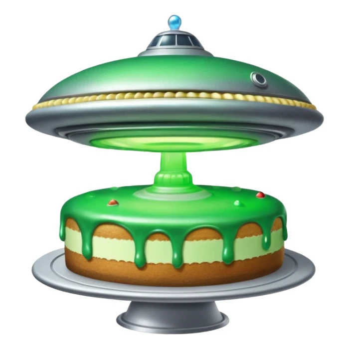 really big ufo flying higher and stealing in a green light very small little cake  sticker