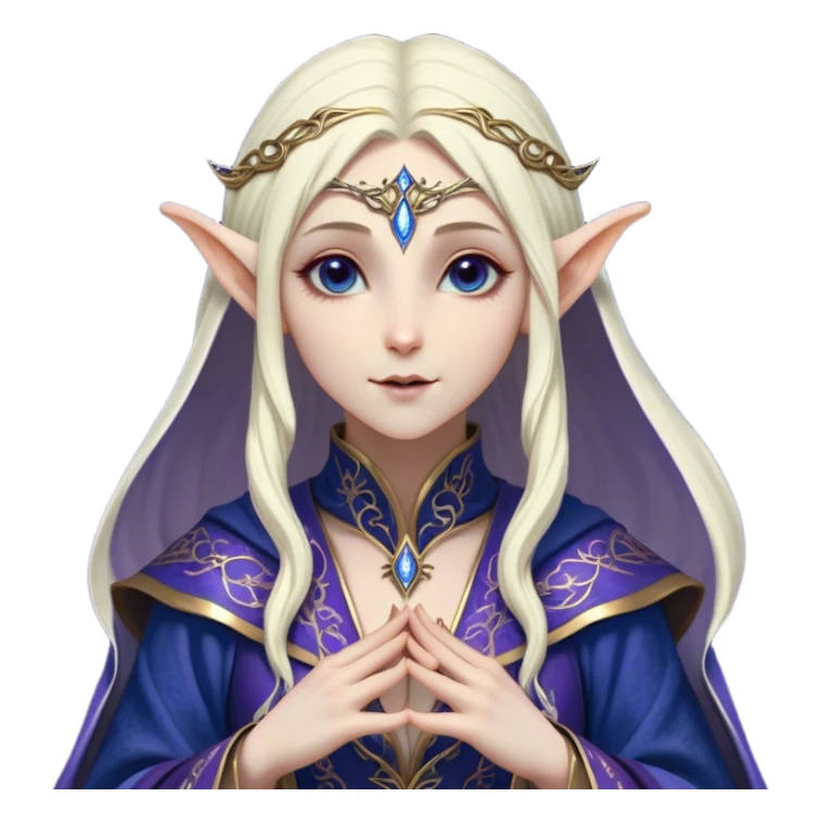Cinematic Realistic WoW Elf Mage Portrait, head tilted dramatically with an exaggeratedly amused expression, blending timeless arcane wisdom with a touch of unexpected playfulness. Her luminous, porcelain-like skin and delicate features, complemented by an intricately detailed robe in deep blues and purples with golden filigree, are rendered with lifelike texture and dynamic magical lighting, high shine, dramatic yet whimsical, capturing the essence of an elven mage whose epic mastery is tinged with charming irreverence. sticker