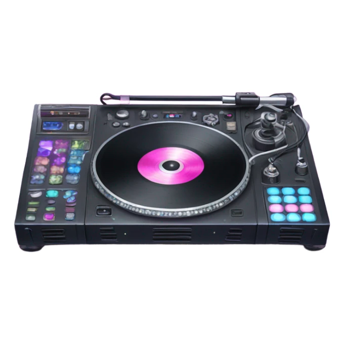 Realistic DJ turntable setup with pink,blue,and purple sparkling diamonds and rhinestones on it and sound console in the middle. sticker