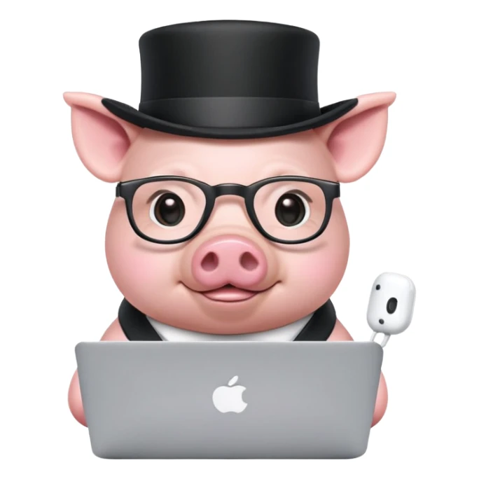 Cute mini pig coding on macbook pro wearing glasses, airpods pro and top hat sticker