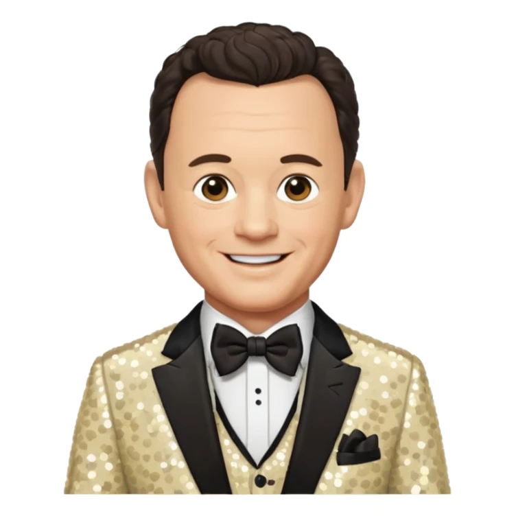 Tom Hanks with dark brown hair, cream sequin suit with bow tie sticker