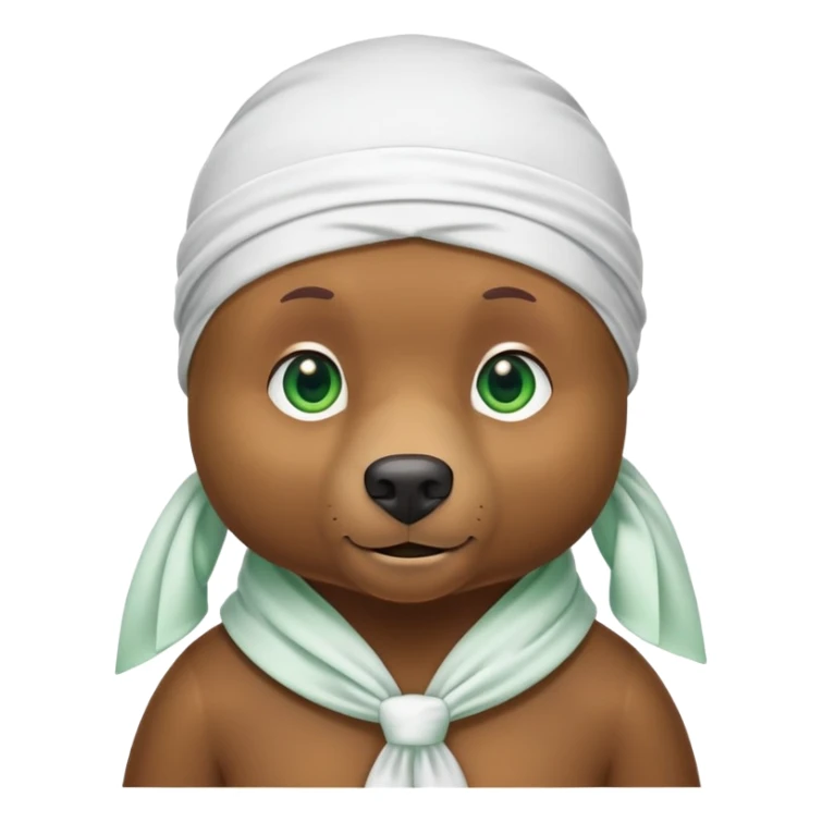 Cool brown bear with confident expression and green eyes wearing a crisp white durag with the ties showing, iOS emoji style sticker