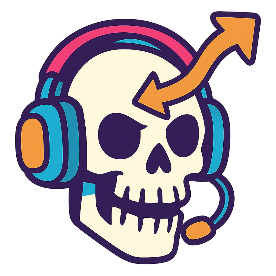 a skull with a respawn arrow through it, wearing a headset, vibrant toon style, for a sassy gaming group sticker