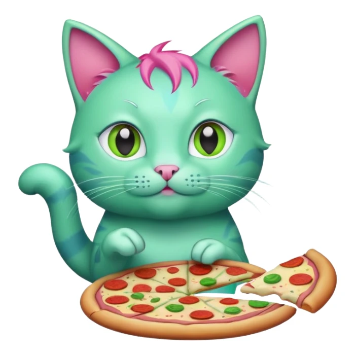 green cat with pink hair and blue ears holding a pizza sticker