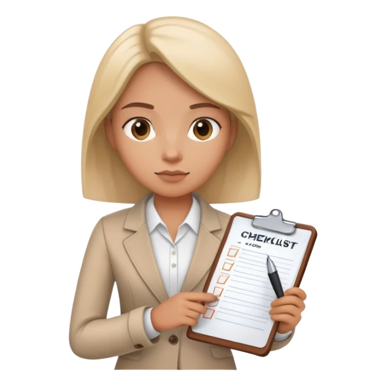 A person holding a checklist and pen is wearing smart casual clothing. The character is in a focused pose sticker