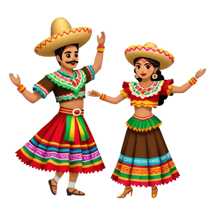 Cinematic Realistic scene of two performers dancing the Jarabe Tapatío, dressed in colorful traditional Mexican costumes with intricate embroidery, captured in energetic, festive motion with vibrant, celebratory lighting sticker