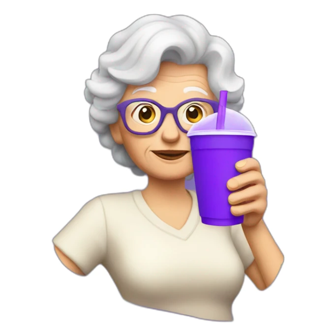 grandma drinking a purple soda from a styrofoam cup sticker