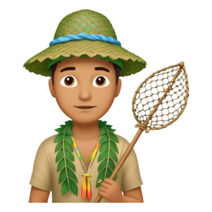 Hawaiian man with leaf hat and big net and colorful cloth sticker