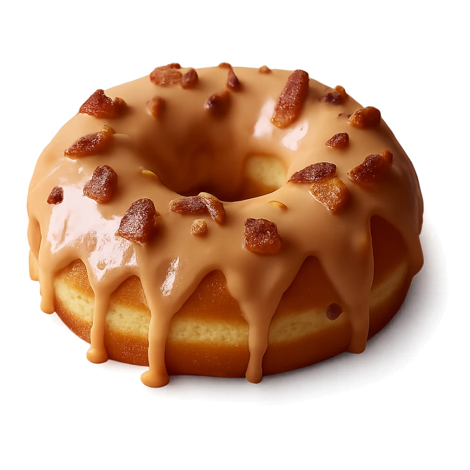 Isolate the realistic glazed donut with soft lighting, maple glaze with bacon bits on a transparent background, removing all other background elements. sticker