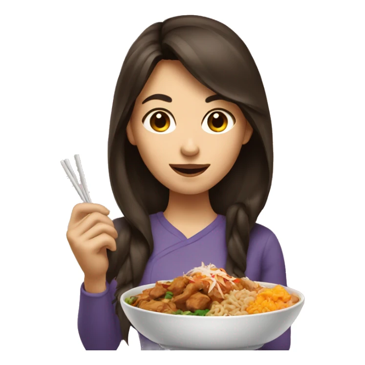 Brunette girl eating Asian food sticker