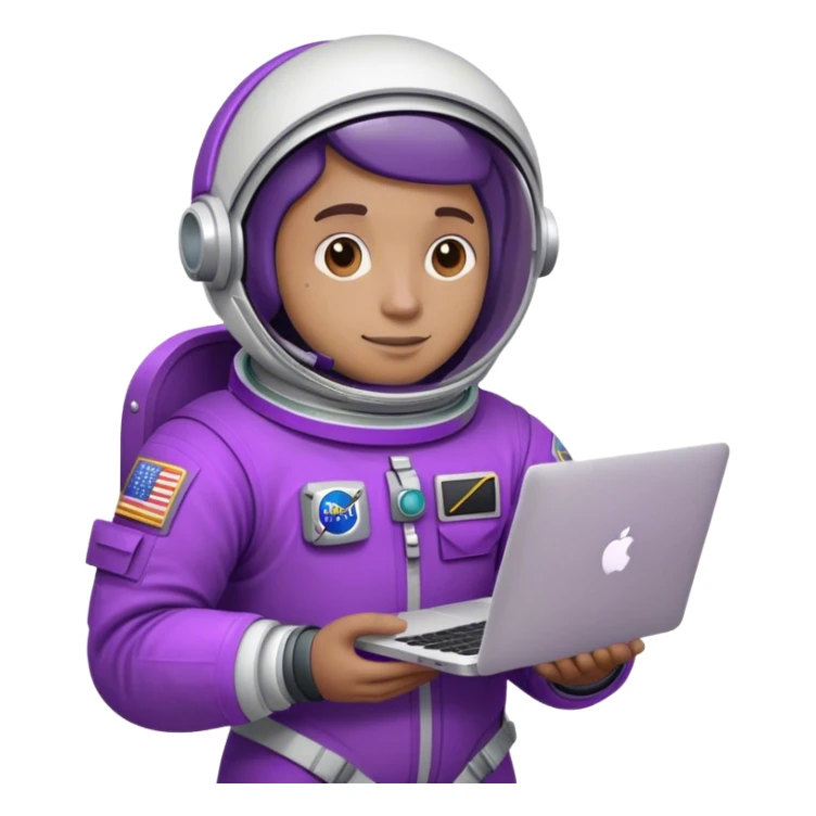 astronaut with purple suit and a macbook sticker