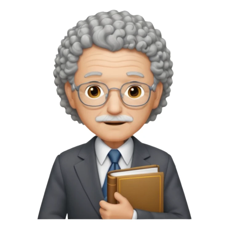 elderly male, curly hair, holding book, wearing suit sticker