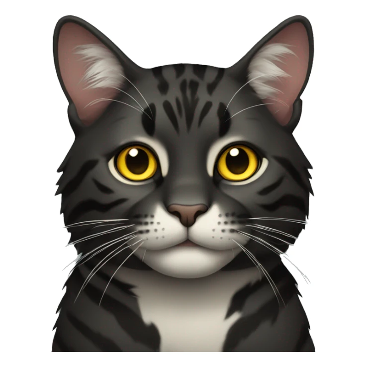 Dark tiger cat with round yellow eyes and white chin sticker