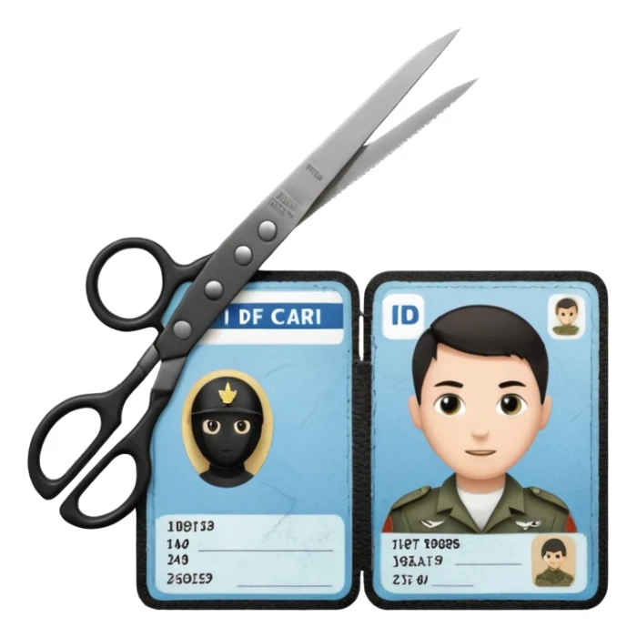 Floating black Scissors cutting in half an idf soldier ID card in 2 parts .hyper realistic sticker