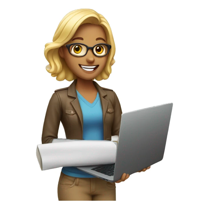 A marketing girl with a laptop in her hands smiles sticker