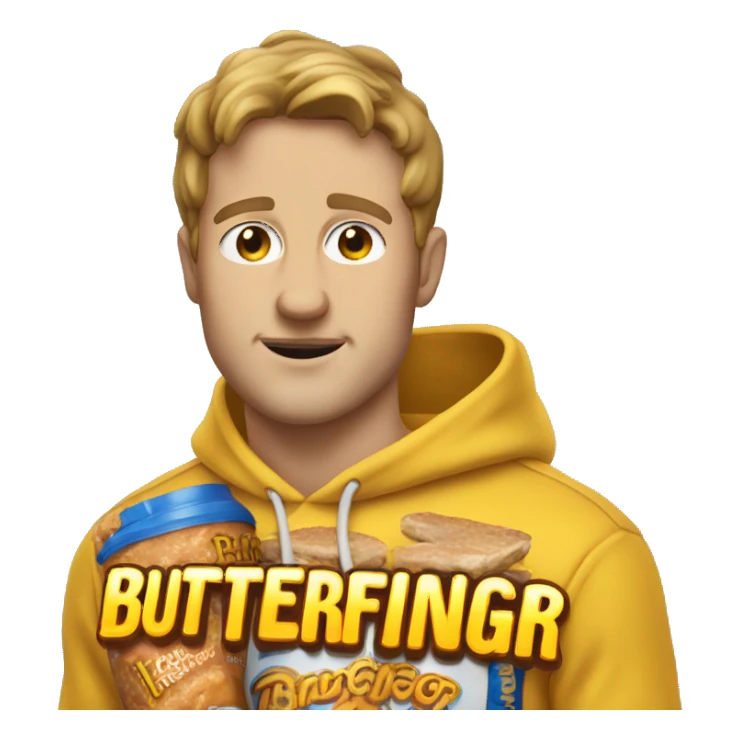 White guy wearing yellow hoodie that says butterfinger on it sticker