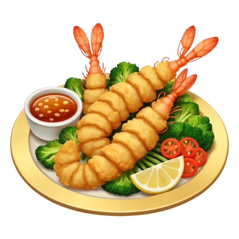 tempura dish emoji, extra crispy, lightly battered shrimp and vegetables, vivid textures, bright lighting sticker