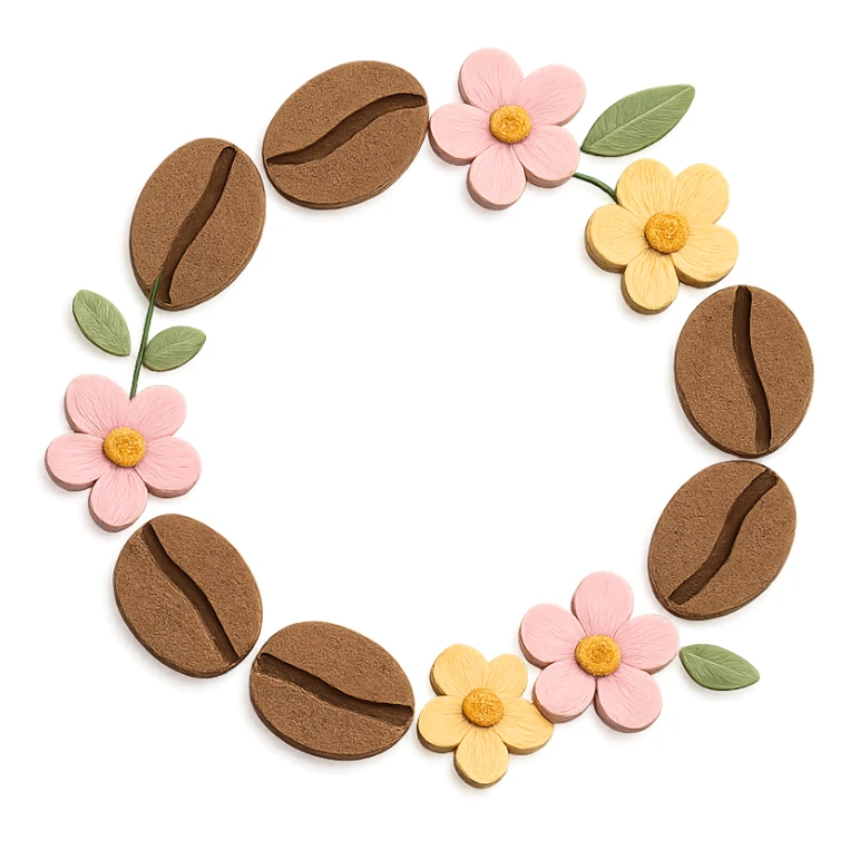 coffee bean floral wreath with small flowers, hand-drawn pastel design sticker