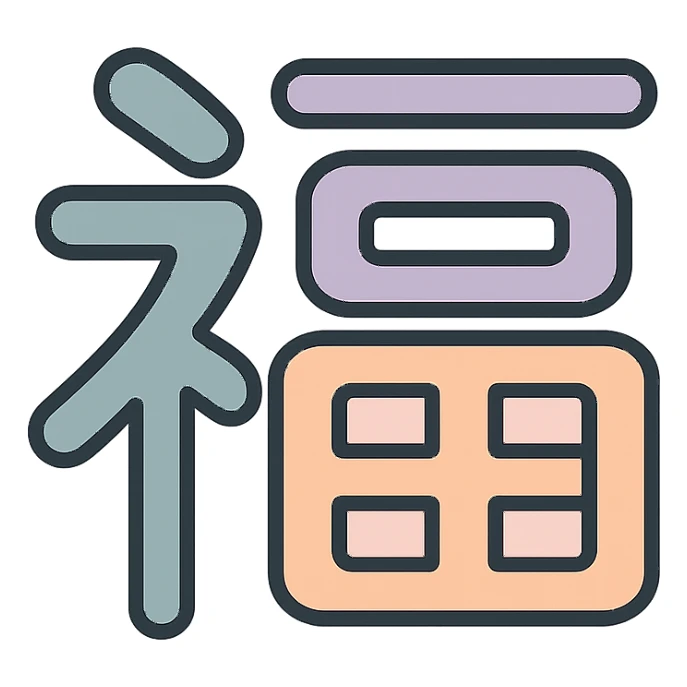 Chinese character 'wealth' (福), icon-color-outlined style, thin clean contours, soft rounded shapes, pastel palette #98B5BC, #B5B3C1, #C9A3C9, #E4C0CA, #F7DCD1, #F7C0AA, detailed shadows and highlights, soft lighting, minimalist oriental background, transparent background, no decoration sticker