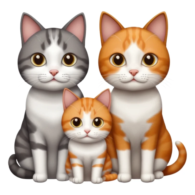 3 different coloured short haired cats including; a dark brown tabby and white cat, and a dark grey and white and a ginger and white sticker