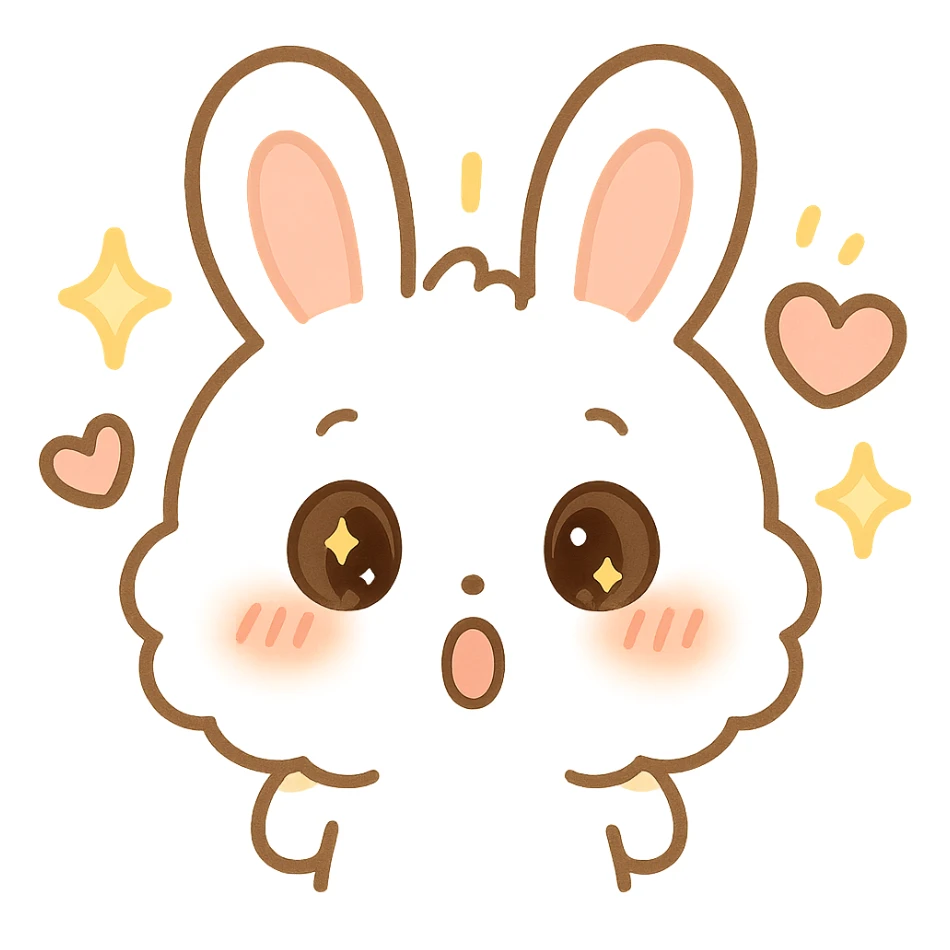 kawaii chibi-style bunny emoji with surprised mood, round fluffy face, sparkly eyes, blushing cheeks, pastel color palette, soft rounded design, anime-style, sparkles and hearts, vector art, transparent background sticker