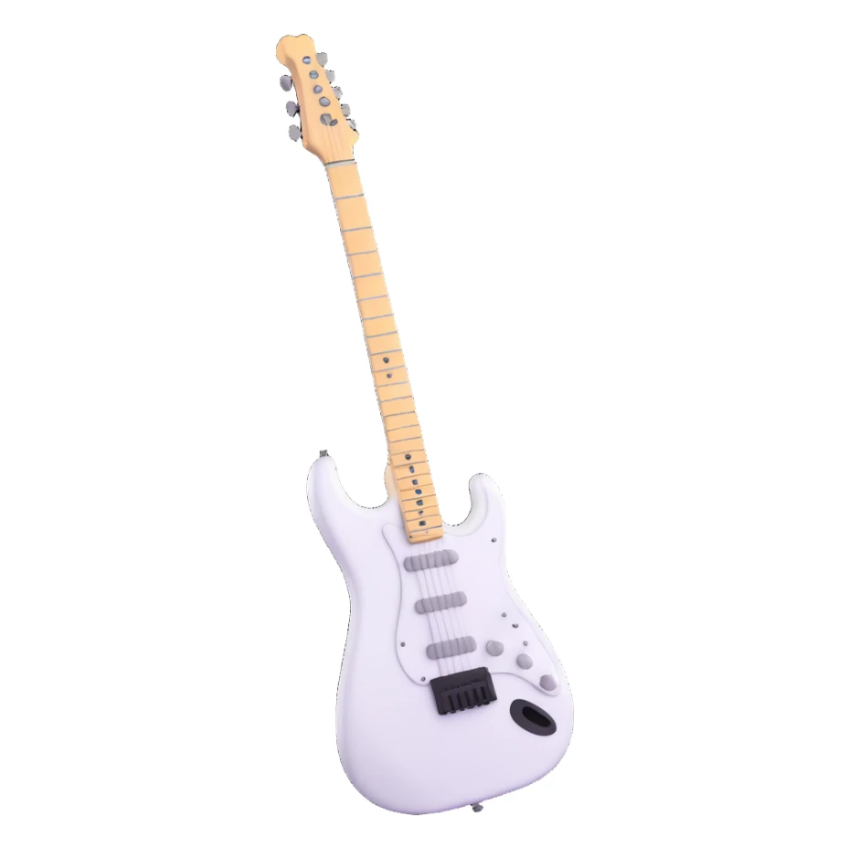 White electric guitar with sleek shiny body, black strings, and smooth neck sticker