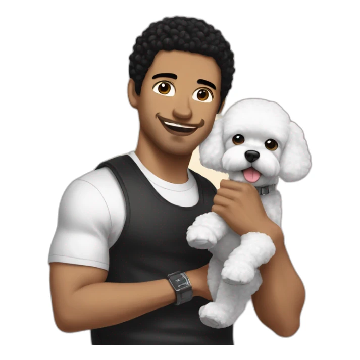 white man black hair,  rapper flexing with a bichon sticker