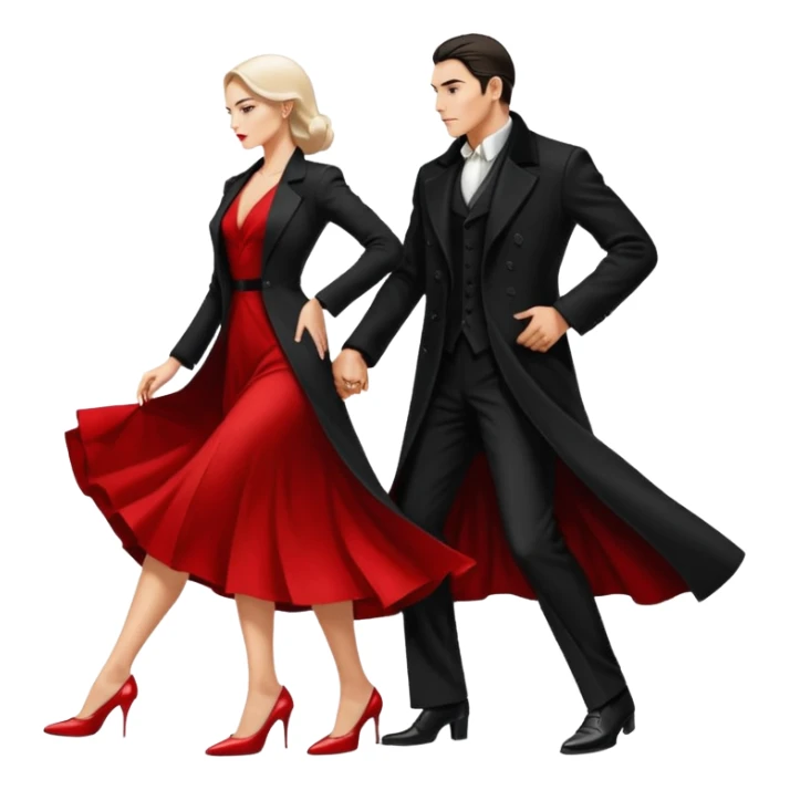 Ultra detailed realistic tango couple icon, black background, dramatic lighting, long black coat on man, white shirt and white shoes, red dress and white heels on woman, centered, minimal background, high contrast, 4K resolution, profile picture ready, sharp clean edges sticker