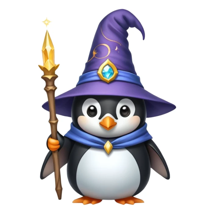 A cute penguin dressed as a wizard with a pointy hat and holding a magic wand sticker