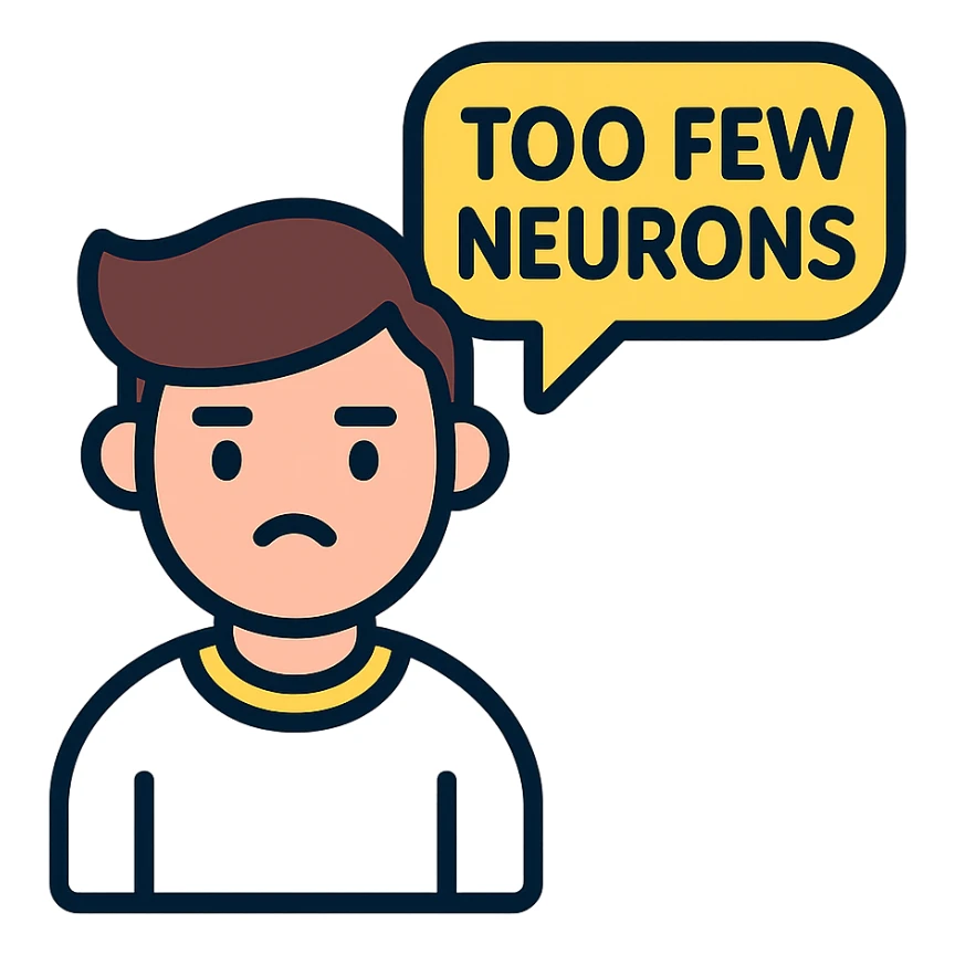 guy in white jumper, speech bubble 'too few neurons' sticker