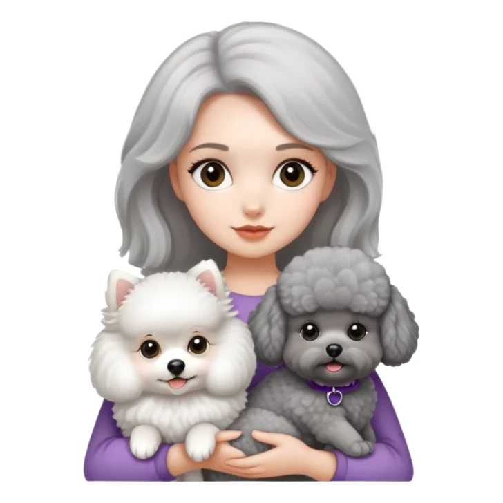 A girl holding a white Pomeranian and a gray poodle sticker