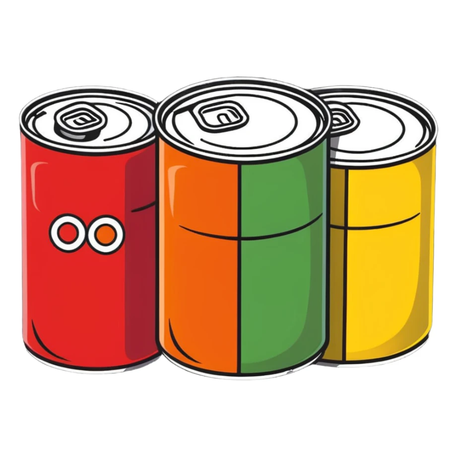 Four assorted canned food cans arranged together, showing different types of canned foods sticker