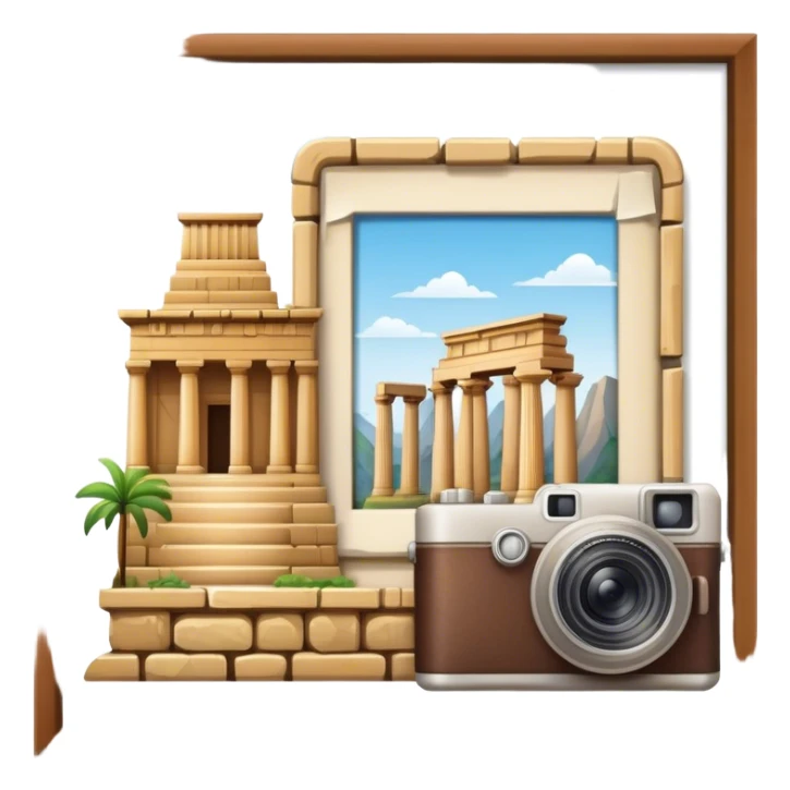Icon for Historical and Cultural Tourism: iconic landmarks like ancient ruins, a museum and a historical monument, with a travel guidebook and camera. The icon should capture the exploration of history and culture. Transparent background. sticker