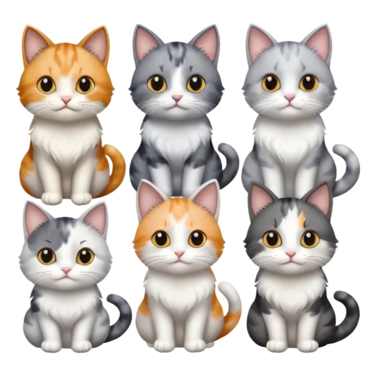 6 realistic looking cats with different natural coloured coats, assorted grey and white, greys, calico colours etc
 sticker