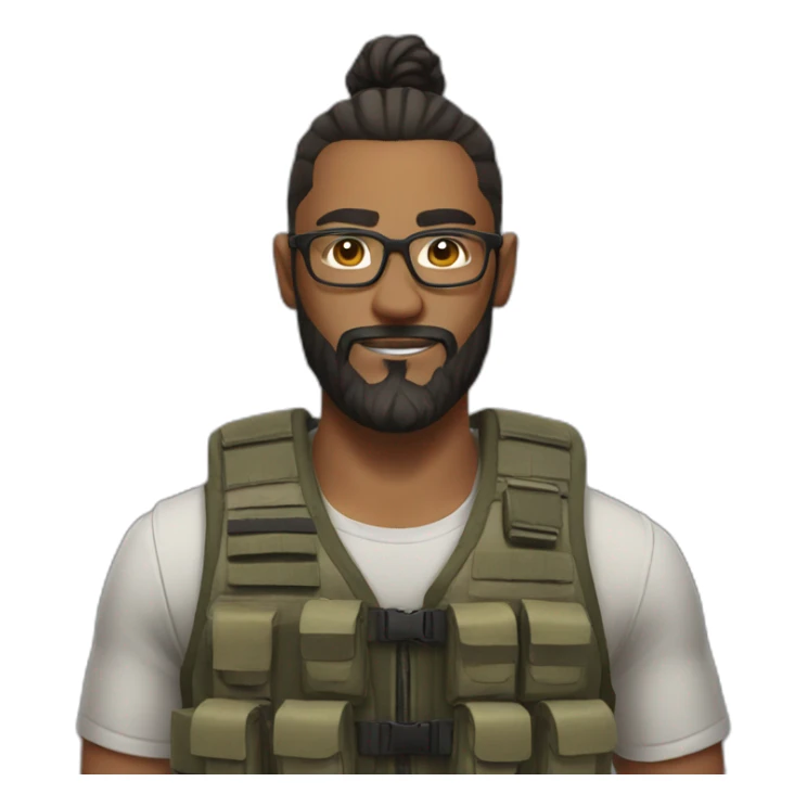 Man with man bun, beard and glasses, with a tactical vest on sticker