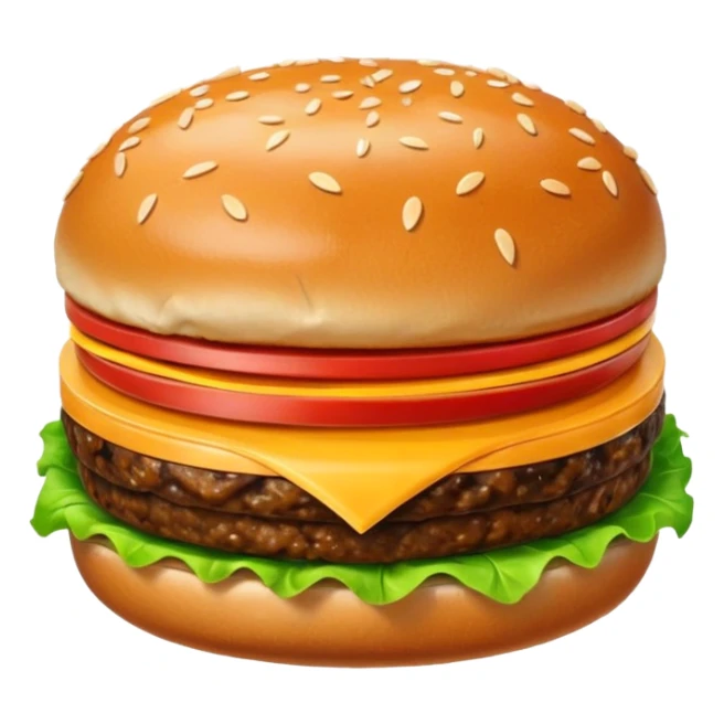 A classic single patty hamburger emoji,, glossy and colorful. Soft rounded bun with sesame seeds, one beef patty, fresh lettuce, tomato slice, melted cheese, realistic but cartoonish look, clean white background sticker
