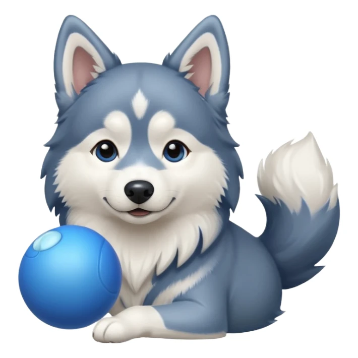 long hair Husky with a blue ball sticker