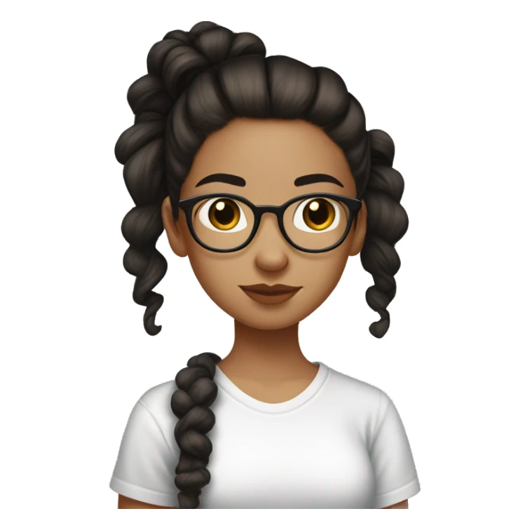 Light skinned girl with a dark brown ponytail with a scrunchie and is wearing a white t shirt and is wearing light glasses with acne and earrings  sticker