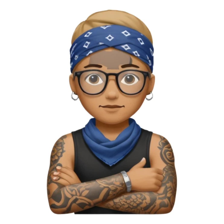 character with bandana and glasses and tattoed sticker