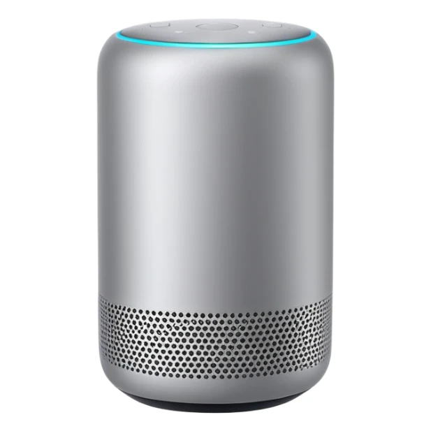 Sleek Apple-style smart speaker, minimalist design, cylindrical shape, premium materials, white or space gray color, touch surface on top, modern home device sticker