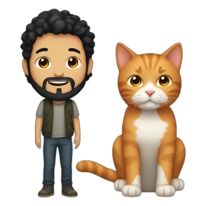 Boy with black hair and beard and ginger cat sticker
