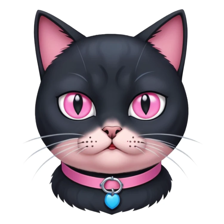 black cat with a pink collar. feels disgusted. one eye is light gray, the other is blue sticker