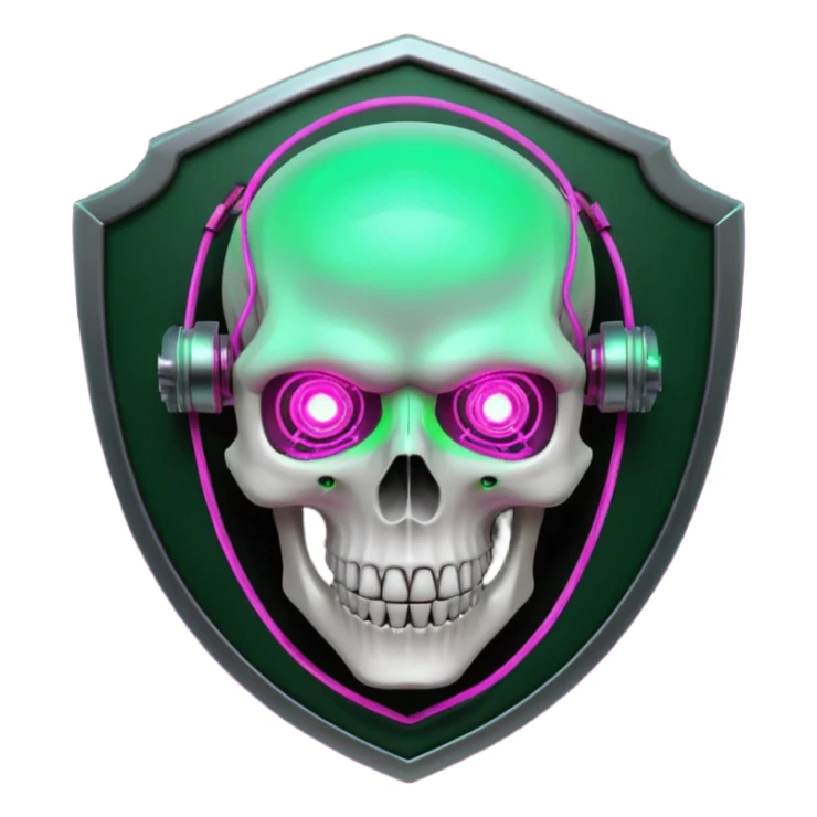 Cyberpunk shield, skull with cybernetic implants, glowing wires, dark electric pink and green tones, no background sticker