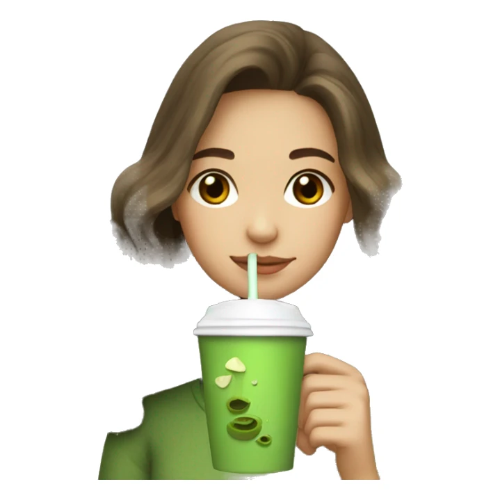 Girl long, wavy & brown haired drinking matcha  sticker