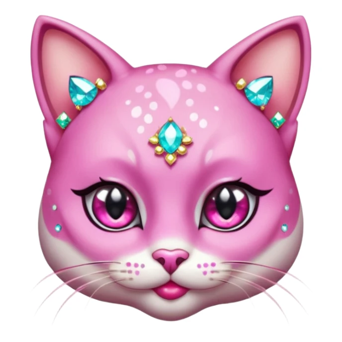 glamorous cat portrait, head and shoulders only, exaggerated pink makeup, bright eyeshadow, long eyelashes, shiny blush cheeks, sparkling face gems, glitter accents, elegant earrings, fantasy beauty style, cute 3D cartoon, mobile game icon style, clean background, no text, no watermark
 sticker